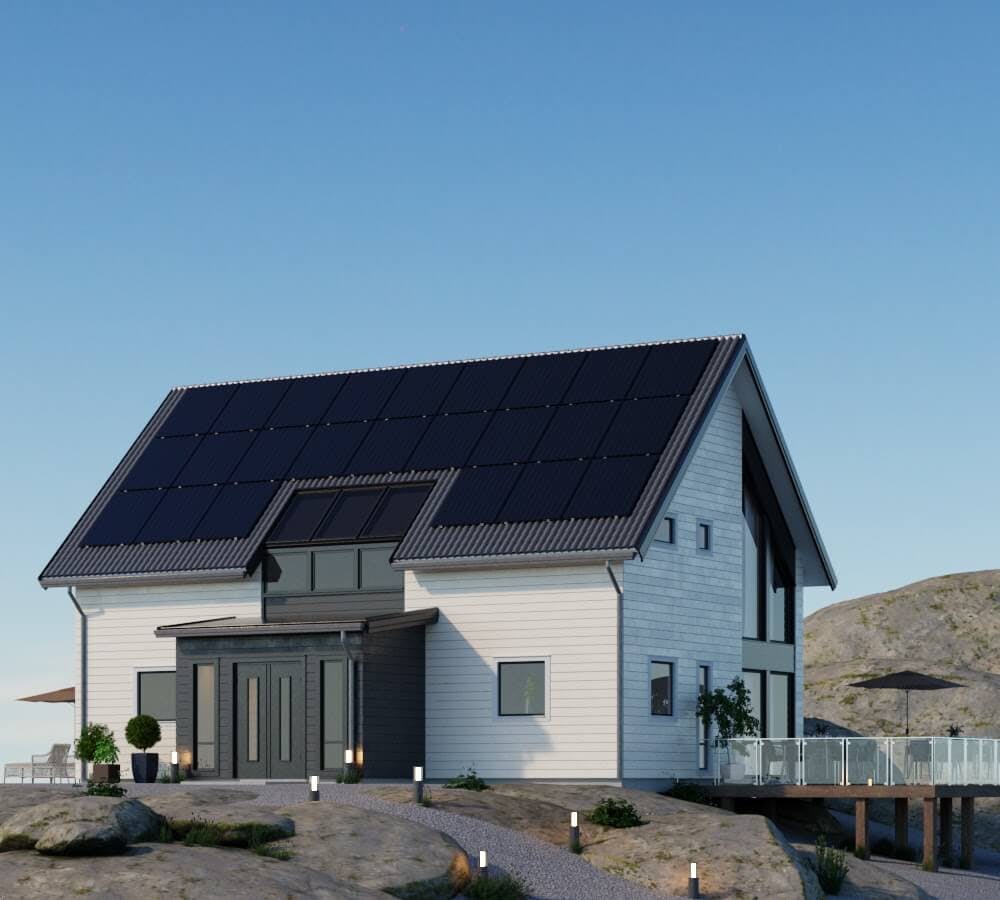 Modern villa med solcellsanläggning på taket i Uppsala