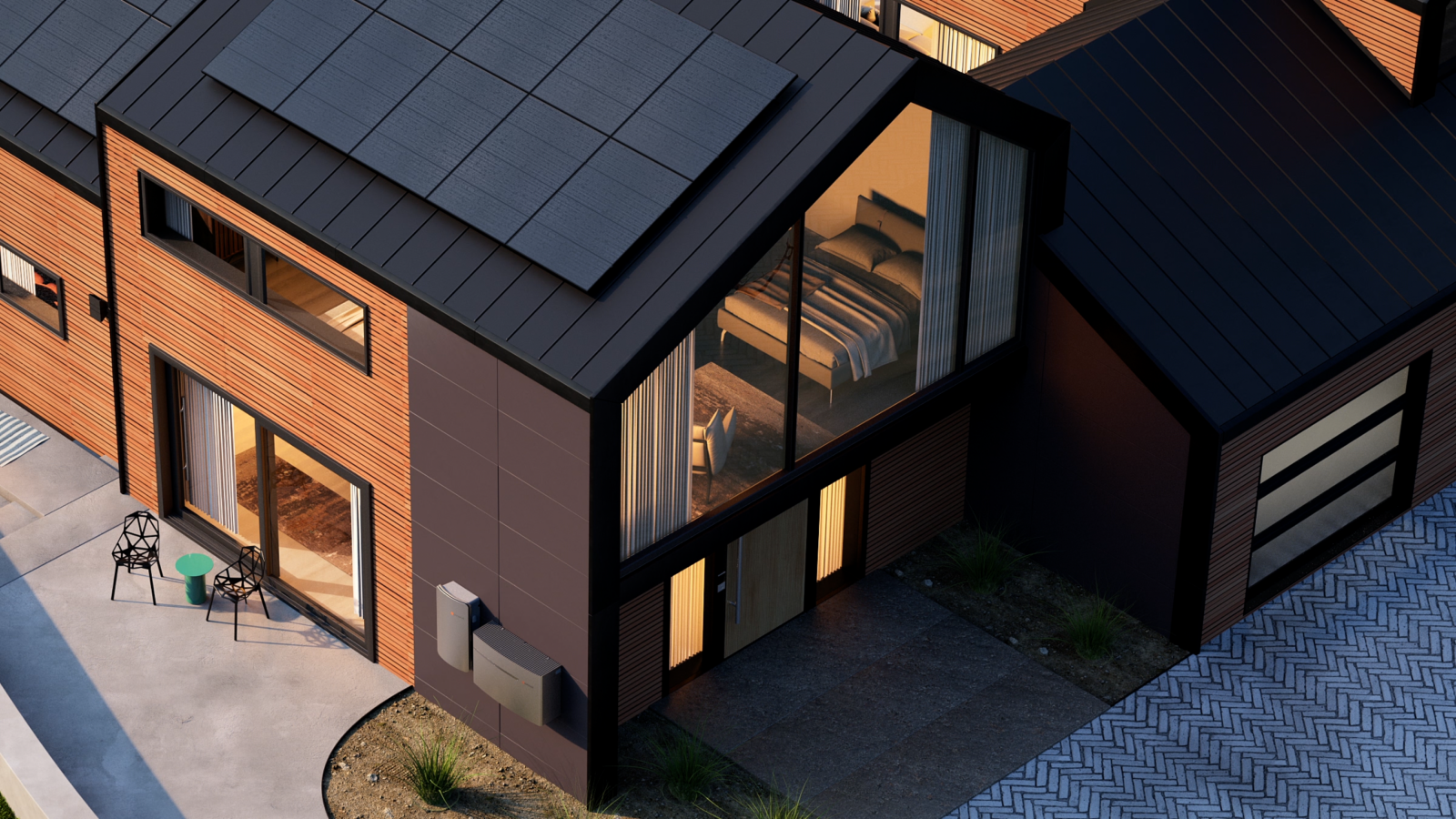 Modern villa med solcellsanläggning på taket och villabatteri från 1KOMMA5°